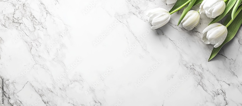 Poster white tulips arranged on a marble surface with a light gray backdrop and ample negative space for el