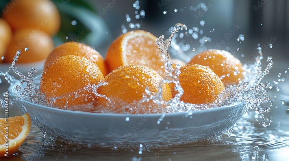 Aufkleber clementines splashing into a bowl of water creating dynamic ripples and droplets in a fresh and vibr