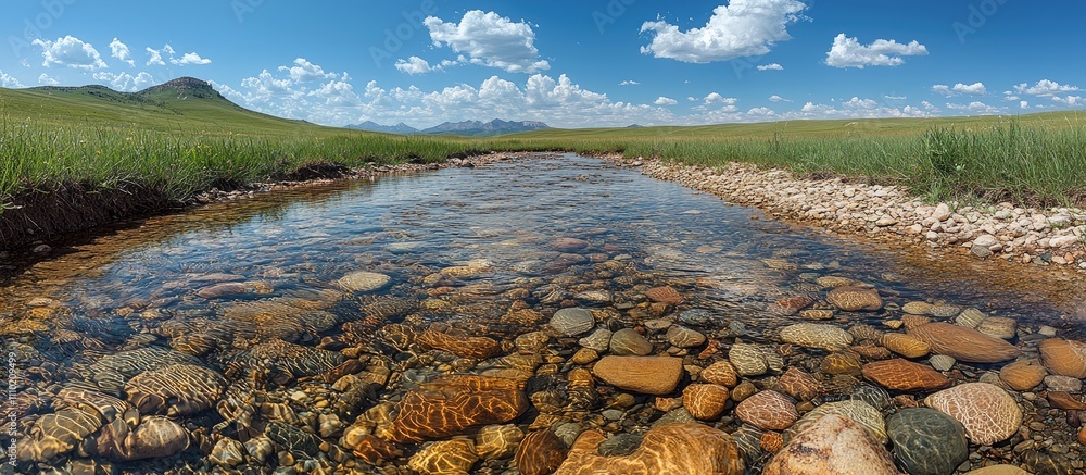 Poster sand and colorful pebbles along a serene creek under a bright blue sky with fluffy clouds in a peace