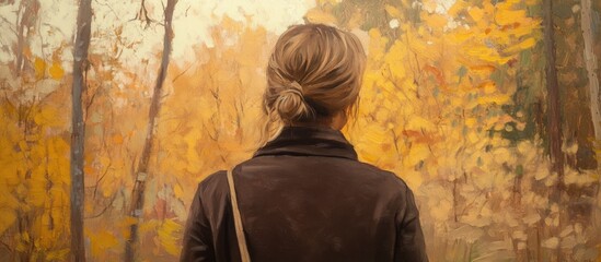 Obraz premium Woman admiring autumn scenery in a forest plein air setting with vibrant fall colors captured from behind against a stunning backdrop.