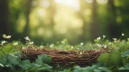 Fototapeta premium Serene Nature Scene with Nest Surrounded by Green Leaves and Delicate White Flowers in Soft Morning Light