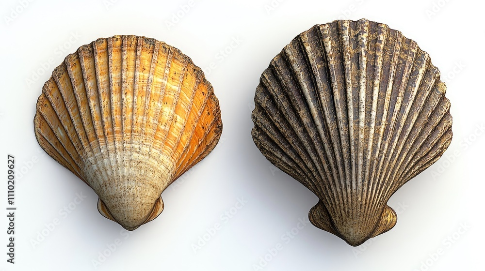 Poster Realistic depiction of two scallop shells showcasing unique textures and colors on a clean neutral background for natural marine themes.