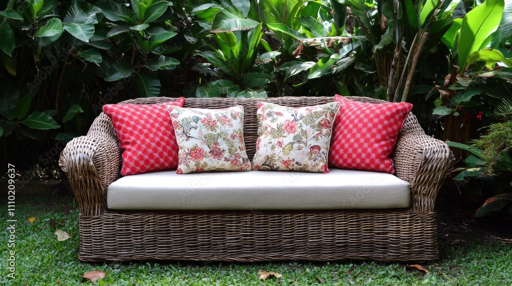 Poster cozy rattan sofa surrounded by lush greenery in a tranquil garden setting