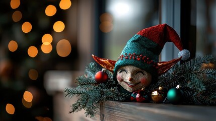 A green elf hat with a red hat