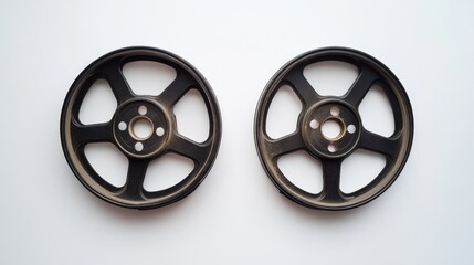 Fototapeta premium Two vintage film reels positioned separately on a clean white background, emphasizing their circular design and classic film aesthetic, retro, cinema, nostalgia, filmmaking.
