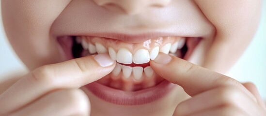 Obraz premium Child's close-up smile with healthy teeth while using fingers to clean and show dental hygiene awareness and caring for oral health.