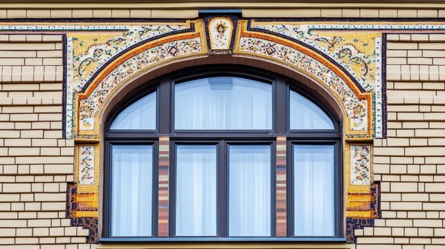 Decorative rectangular window with intricate upper design and window sill detail on a brick facade