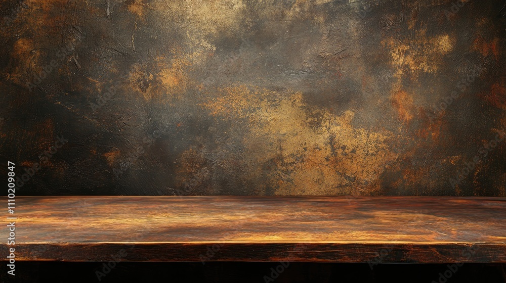 Poster rustic wooden desk with textured dark background ideal for advertising and product display in a prof