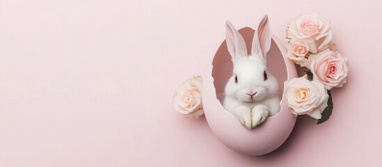 Easter themed decoration featuring a cute rabbit nestled in a pastel pink egg surrounded by soft roses on a light background for text space
