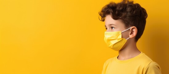 Brunette boy in medical mask looking sideways against vibrant yellow background with copy space for health or safety messaging