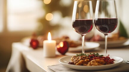 Elegant Pair of Wine Glasses Filled with Red Wine on Table Surrounded by Romantic Ambiance and Delicious Food