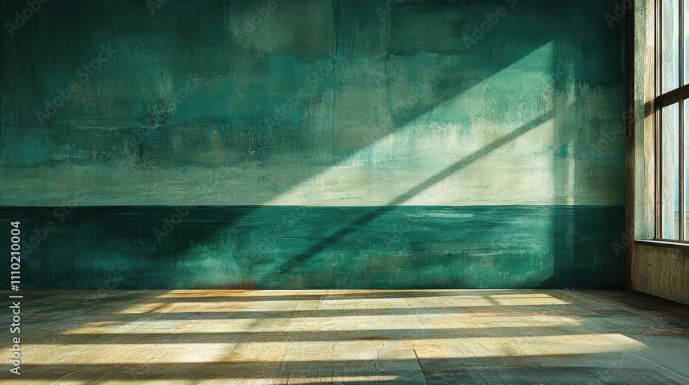 Poster sunlit empty room with a textured teal concrete wall and shadows creating patterns on the wooden flo