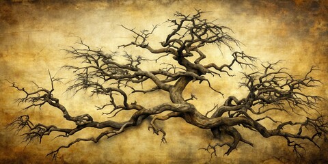 A gnarled and twisted tree, its branches reaching skyward like skeletal fingers, stands silhouetted against a backdrop of faded, aged parchment.