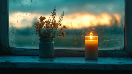 Candle and wildflowers on a windowsill at sunset