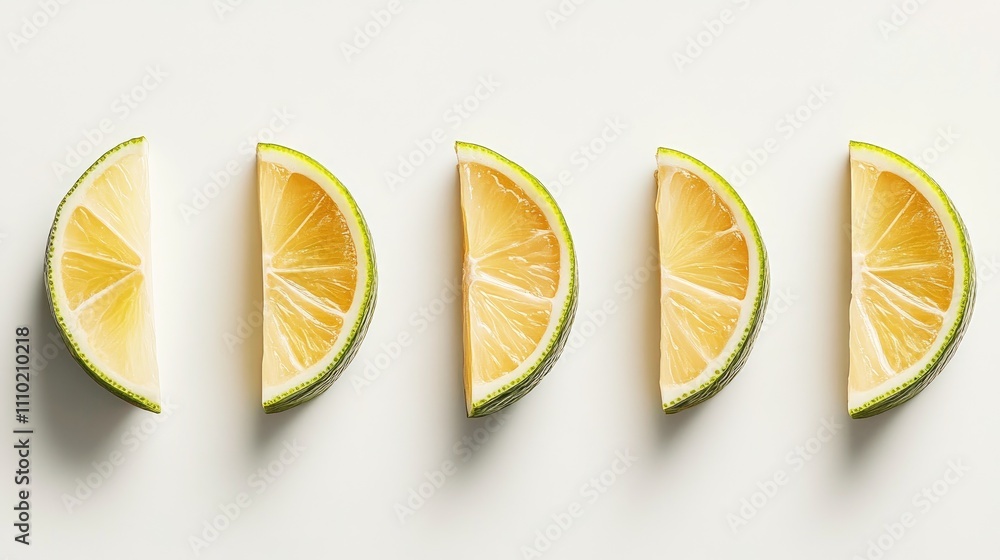 Poster sliced lime segments arranged in a row showcasing fresh citrus fruit against a clean white backgroun