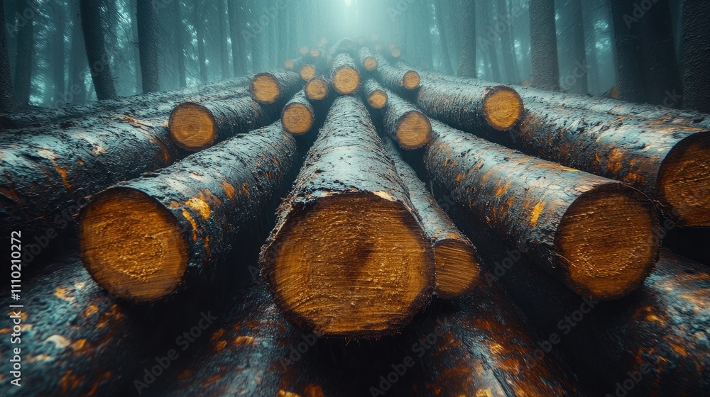 Poster timber logs arranged in a stack viewed from below in a misty forest setting showcasing nature's raw 