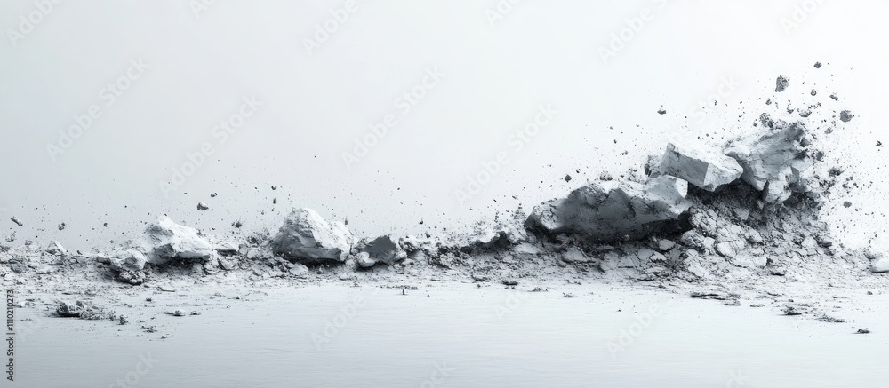 Poster dynamic explosion of particles and debris against a minimalistic white background showcasing motion 