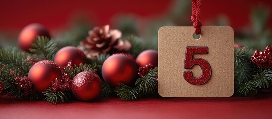 Red background with festive ornaments and a tag displaying the number five perfect for holiday decoration or countdown themes