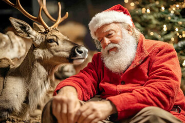 The Santa Claus, the national hero of fairy tales, seated beside a decorated Christmas tree