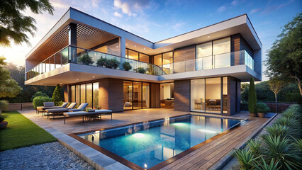 Modern luxury villa with infinity pool, spacious patio, and lush landscaping at dusk.