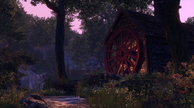 Scenic old mill featuring a vibrant red wheel surrounded by tranquil nature at sunset creating a picturesque landscape. - Powered by Adobe