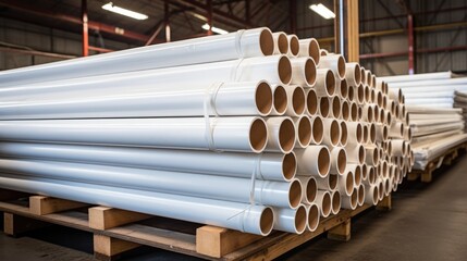 Stacked PVC pipes and lumber prepared for transport in a warehouse showcasing organized industrial materials ready for distribution