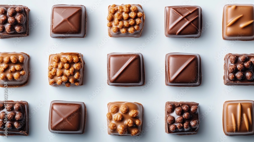 Poster milk chocolate assortment displayed on a white background showcasing various textures and shapes fro