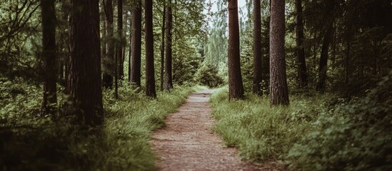 Forest pathway surrounded by tall trees and lush greenery creating a serene natural landscape for outdoor adventures and relaxation.