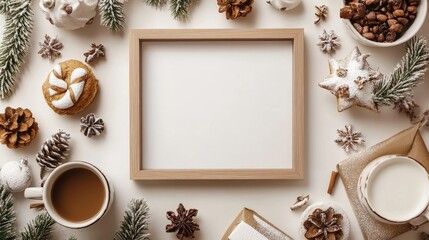 The frame is empty, and the table is covered in snowflakes and pine cones