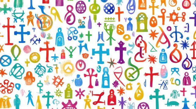 A vivid representation of interfaith unity with an abstract design of various religious symbols forming a single, harmonious pattern, symbolizing spiritual inclusivity