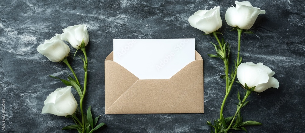 Poster elegant invitation card mockup with envelope and white eustoma flowers on a textured surface offerin