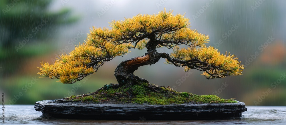 Poster bonsai larch tree in autumn colors showcasing intricate branch structure and vibrant foliage in a se