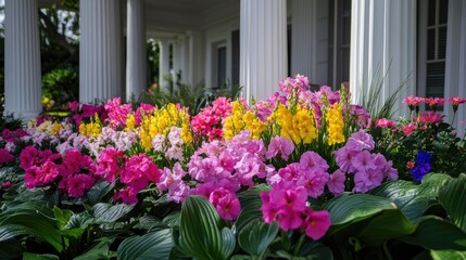 Vibrant flower bed in a villa courtyard showcasing architectural elegance and colorful blooms enhancing outdoor aesthetics
