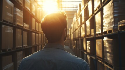 Logistics professional overseeing supply chain operations in a warehouse at sunset with cargo boxes stacked on shelves