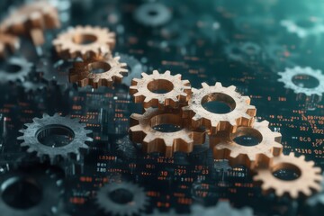 Conceptual Gears Transitioning into Digital Realm with Code Elements and Abstract Background