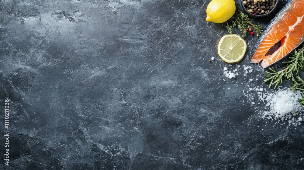 Aufkleber fresh salmon slice garnished with lemon and rosemary on dark stone surface with empty space for culi