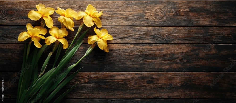 Poster yellow irises arranged on a rustic wooden background creating a vibrant floral display in a horizont