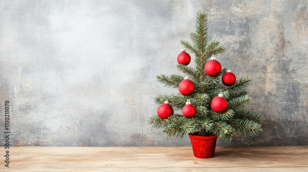 Poster festive small christmas tree adorned with red baubles in a rustic corner setting against a textured 