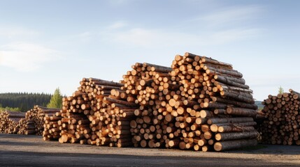 Stacked logs in a lumber yard creating a wall-like structure against a clear sky showcasing wood industry storage and logistics.