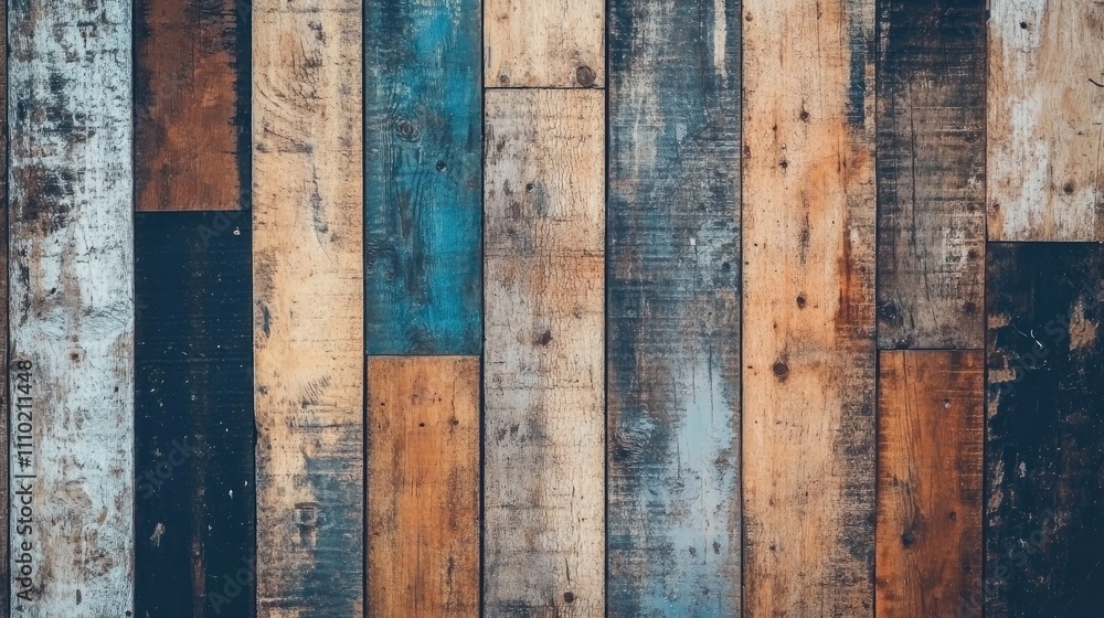 Aufkleber textured wooden planks in various shades of brown and blue creating a rustic and weathered horizonta