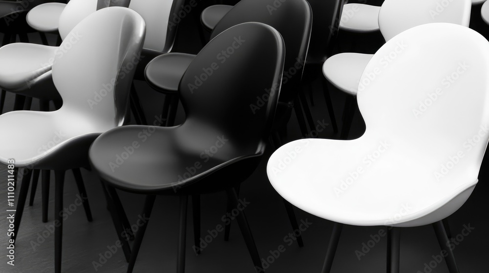 Poster empty black and white chairs arranged for an event creating a modern minimalist aesthetic in a spaci