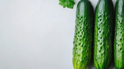 Fresh vibrant cucumbers arranged artfully with green leaves on a clean white surface showcasing natural texture and appetizing appeal