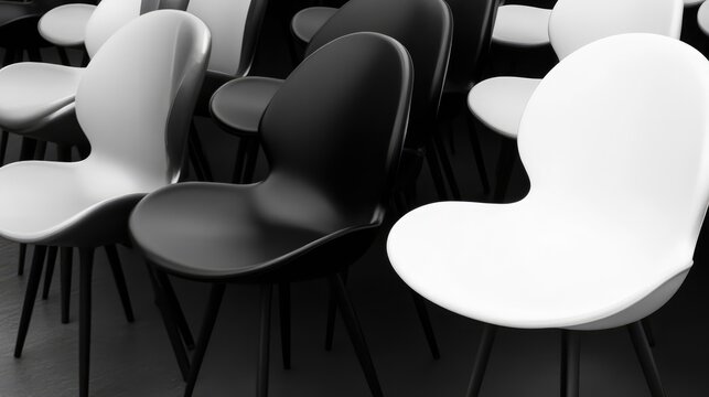 Empty black and white chairs arranged for an event creating a modern minimalist aesthetic in a spacious venue setting