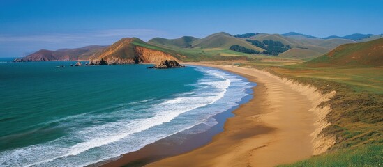 Coastal landscape with golden sandy beach under a clear blue sky and rolling hills in the background showcasing natural beauty.