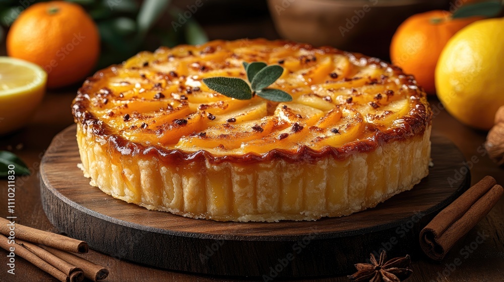 Poster rustic apple pie with citrus fruits and cinnamon on a wooden table creating a cozy and inviting atmo