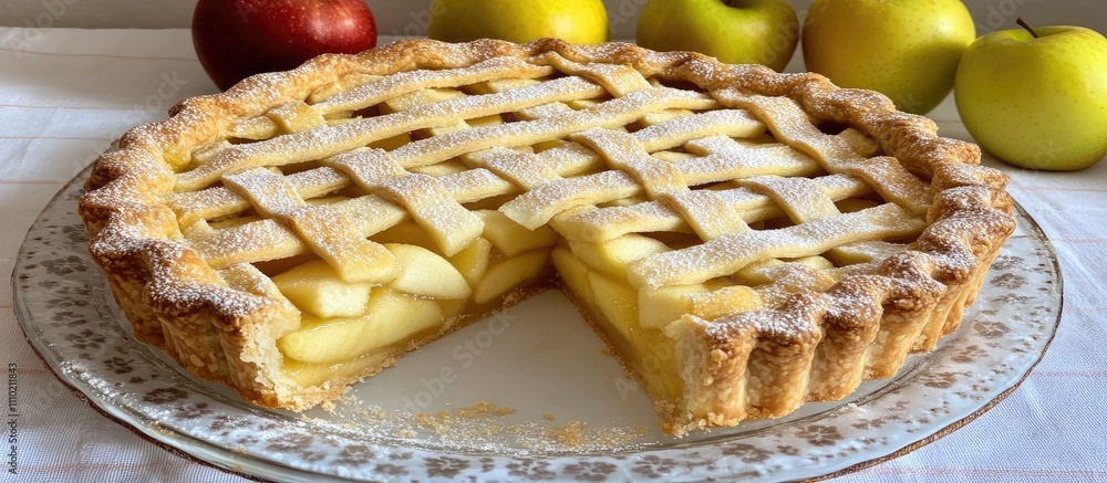 Poster close up of sliced homemade apple pie with lattice crust and powdered sugar displayed on a decorativ