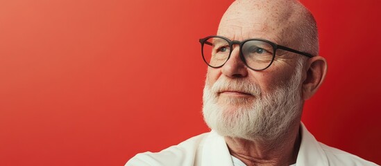 Fototapeta premium Elderly man with playful beard and glasses exuding humor against vibrant red wall in stylish white jacket showcasing personality and charm