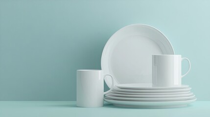 Minimalistic White Dishware Arrangement on Soft Blue Background