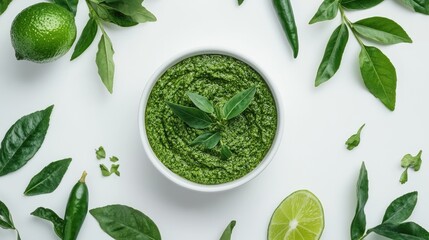 Fresh Green Herb Paste with Lime and Leaves on Bright Surface