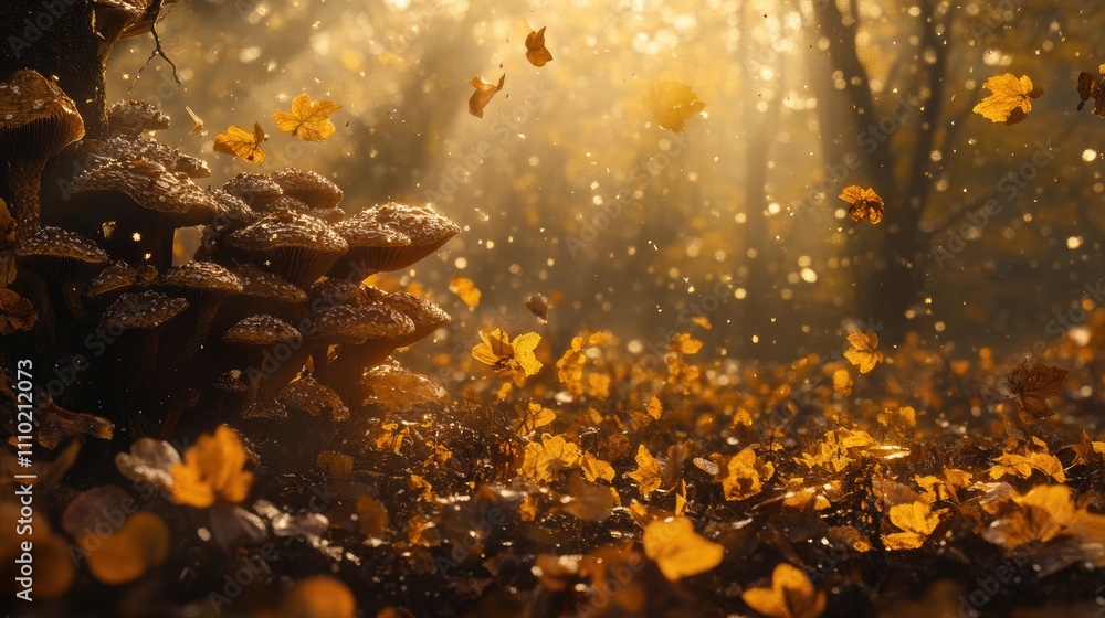 Poster mushroom cluster amid autumn leaves with sunlight filtering through trees in a serene forest setting